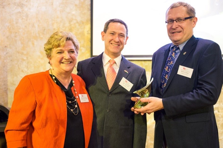 Image: Cheryl Francisconi with Eric Watnik from the U.S. Embassy and Károly Jókay, Executive Director of Fulbright Hungary.